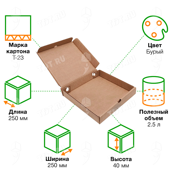 Коробка для пиццы, бурая, 250*250*40 мм