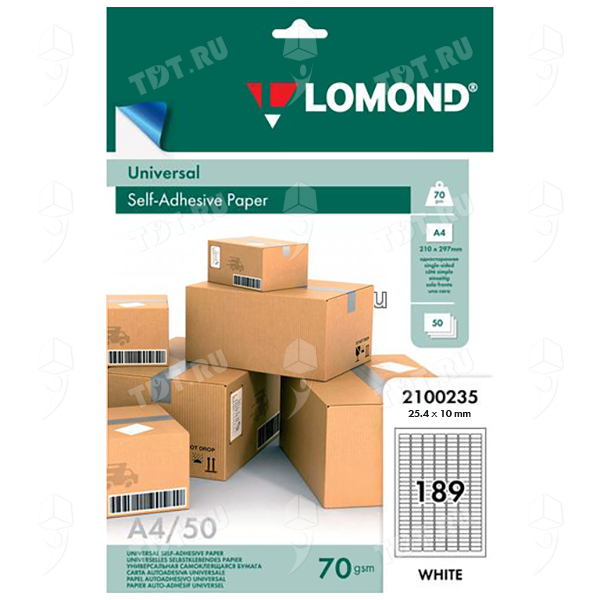 Самоклеящаяся бумага Lomond белая, 50 листов, А4, 189 этикеток, 25.4*10 мм